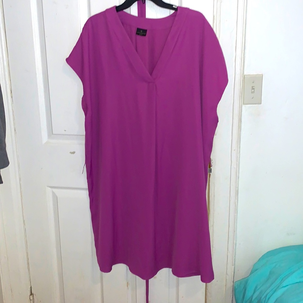 Classy plum v-neck dress with wrap around purple and gold buckle